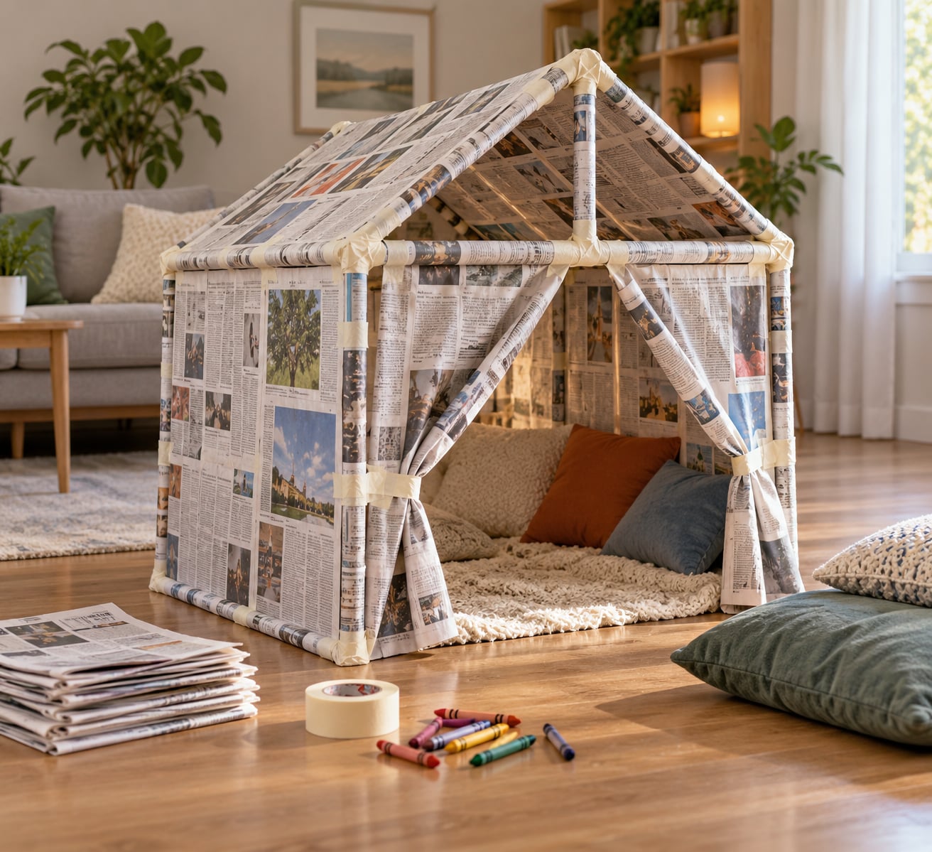 how to build a newspaper fort with kids