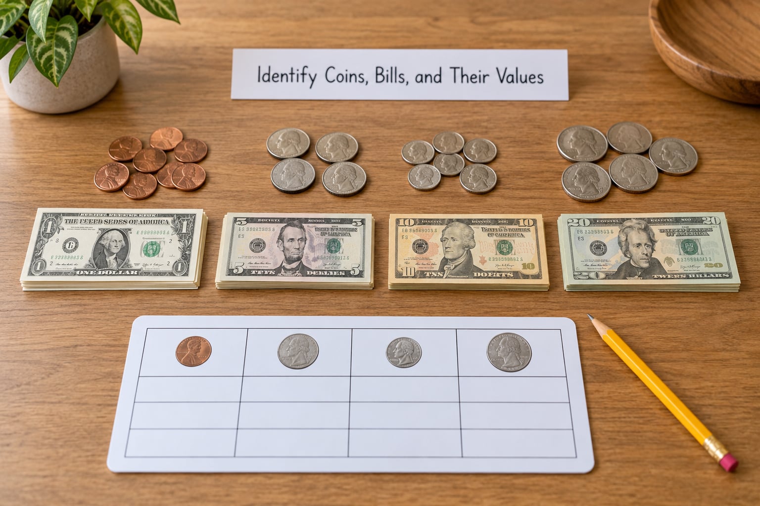Identify Coins, Bills, and Their Values