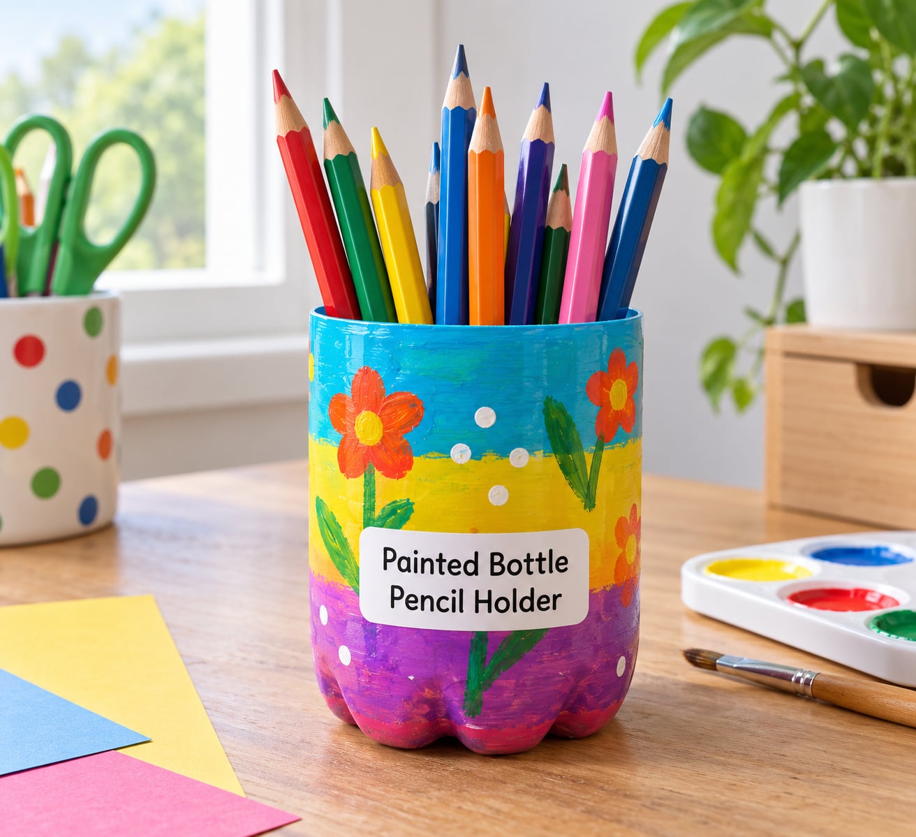 Painted Bottle Pencil Holder