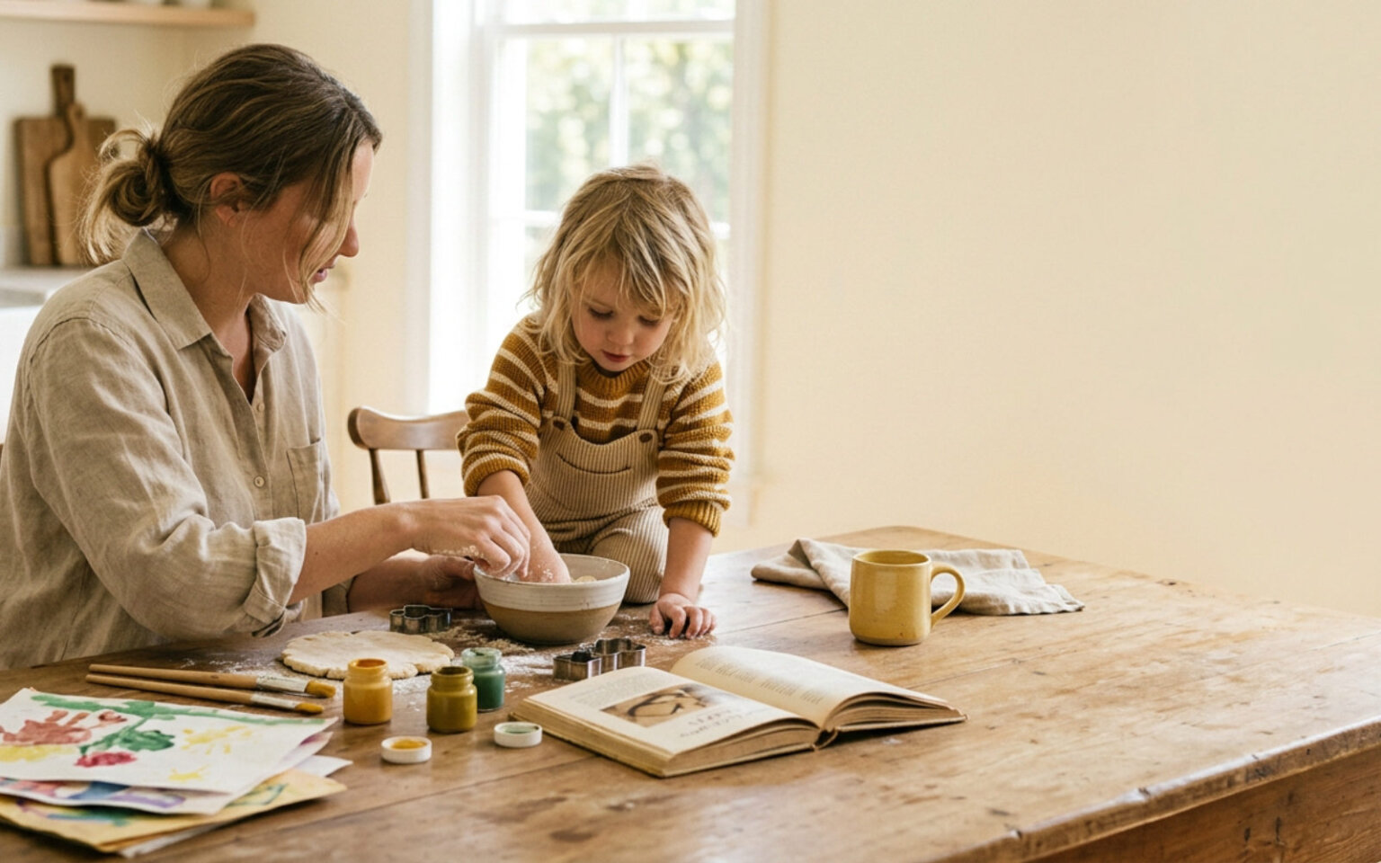 Making art at a kitchen table: small hands, paint and paper scraps
